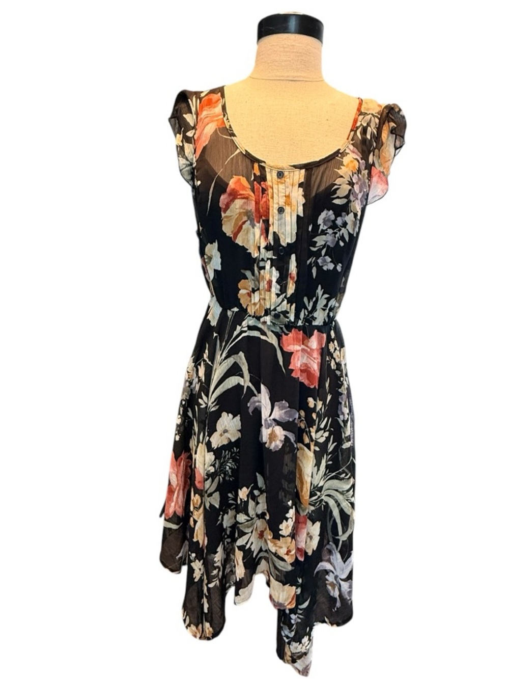 American Rag Floral Sheer Dress Boho Cottagecore Flutter Sleeve Handkerchief Hem - Picture 2 of 11